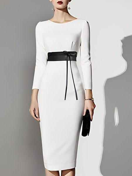 

Elegant Plain Crew Neck Tight Midi Dress, White, Midi Dresses