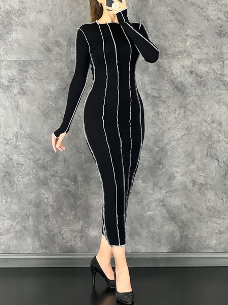 

Regular Fit Elegant Color Block Dress, Black, Midi Dresses