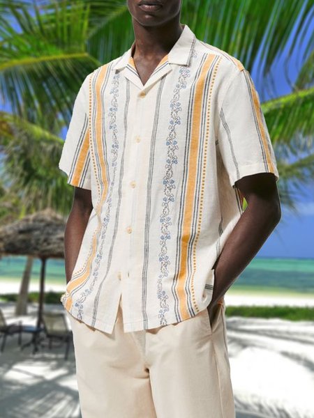

Plants Striped Short Sleeve Bowling Shirt, White, Men Shirts