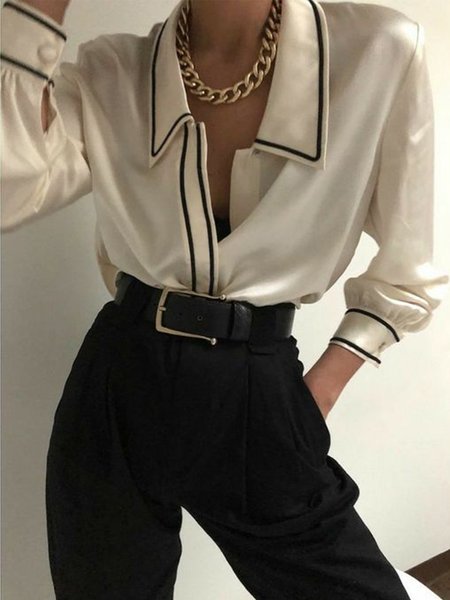 

Elegant Shirt Collar Long sleeve No Elasticity Blouse, White, Blouses and Shirts