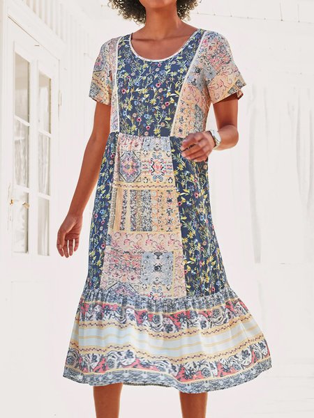 

Casual Loose Ethnic Crew Neck Dress, Multicolor, Dresses