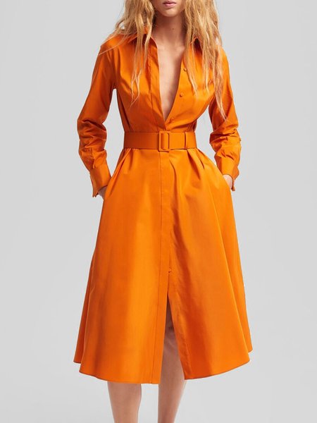 

Urban Plain Regular Fit Shirt Collar Dress, Orange, Midi Dresses