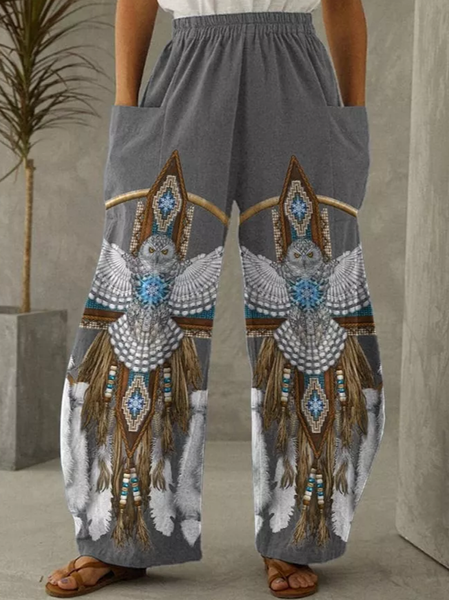 

Cotton-Blend Ethnic Loose Casual Casual Pants, Gray, Pants