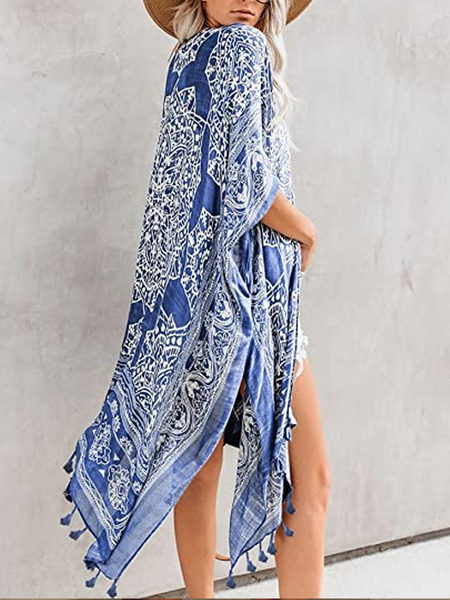 

Tassel Boho Ethnic Jacket, Blue, Cardigans