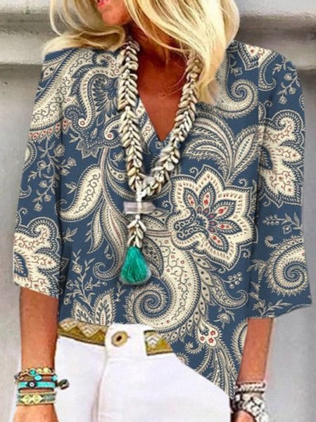 

Loose Casual V Neck Floral Top, Navy blue, Tops