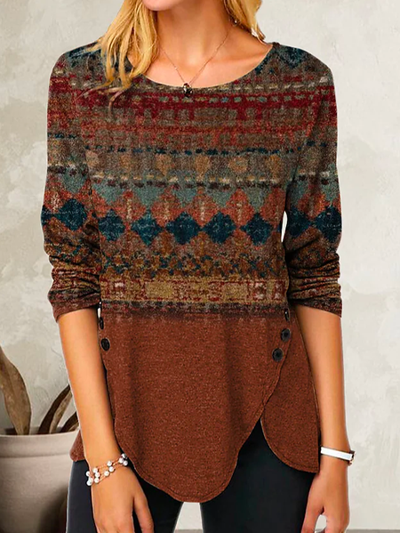 Geometric Crew Neck Loose Urban Top, Multicolor, Tops