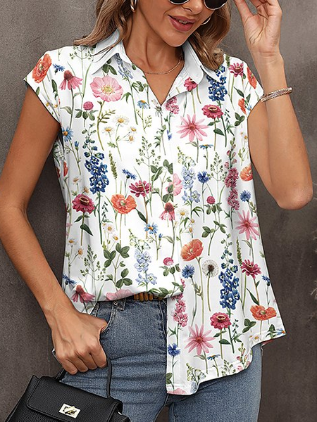 

Shirt Collar Floral Casual Loose Blouse, White, Shirts & Blouses