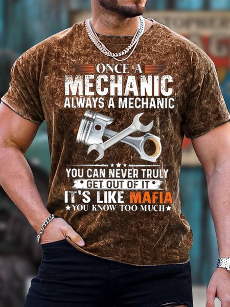 

Men's Once A Mechanic Always A Mechanic Funny Graphic Print Text Letters Casual Crew Neck T-Shirt, Brown, T-shirts