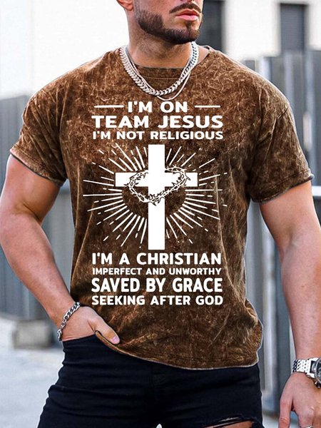 

Men’s I’m On Team Jesus I’m Not Religious I’m A Christian Casual Text Letters Crew Neck T-Shirt, Brown, T-shirts