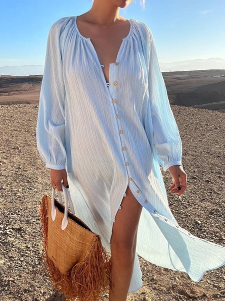 

Loose V Neck Vacation Plain Dress, Light blue, Midi Dresses