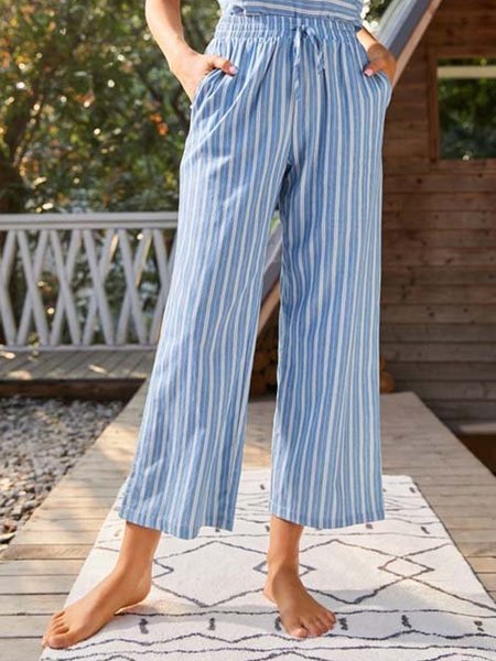 

Blue & White Vertical Stripe Drawstring Pants, Pants