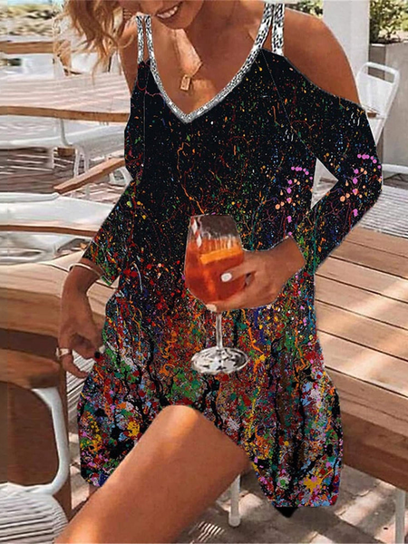 

V neck Loose Ombre Glitter Dress, Black, Dresses