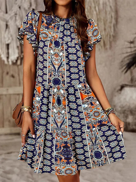 

Vacation Crew Neck Loose Ethnic Dress, Navy blue, Dresses