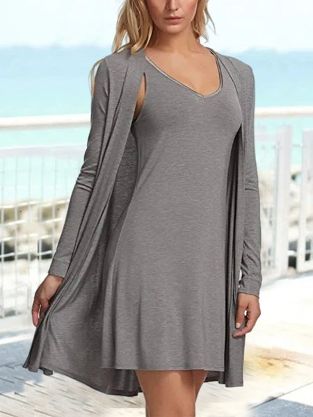 

Plain V Neck Casual Loose Two-Piece Set, Gray, Basic Dresses