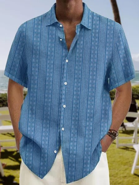 Striped Short Sleeve Casual Shirt, Blue, Men Shirts