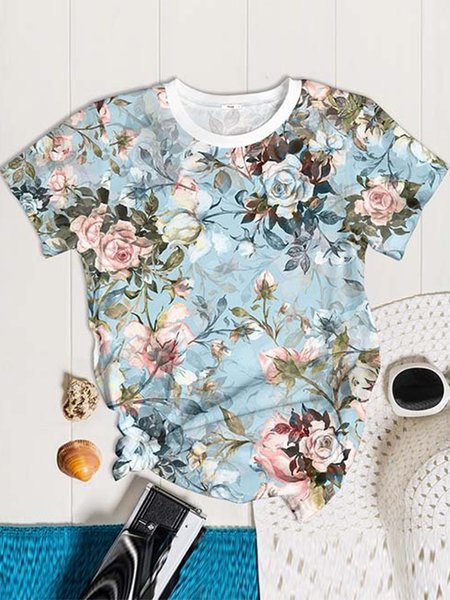 

Floral Crew Neck Casual Loose T-Shirt, Blue, T-Shirts