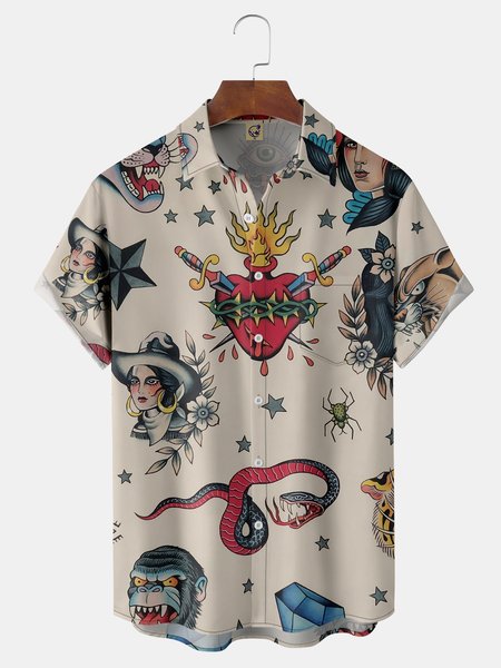 

Retro Beauty Tattoo Chest Pocket Short Sleeve Hawaiian Shirt, Khaki, Men Shirts
