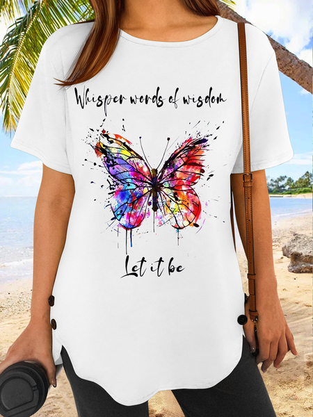 

Women's Whisper Wisdom Let It Be Butterfly Casual Cotton-Blend Loose Crew Neck T-Shirt, White, T-shirts