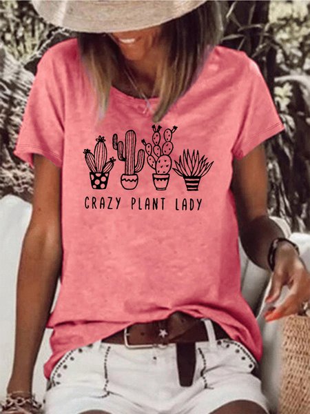 

Women's Crazy Plant Lady Print Casual T-Shirt, Red, T-shirts