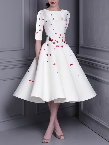 

Crew Neck Elegant Floral Half Sleeve Party Midi Dress, White, Midi Dresses