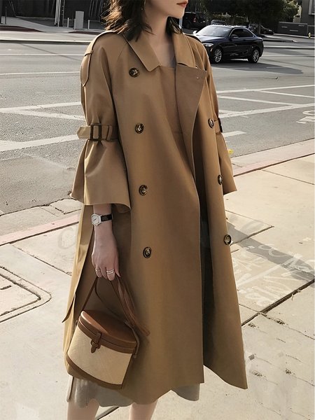 

Plain Loose Urban Lapel Collar Long Sleeve Trench Coat, Khaki, Coats