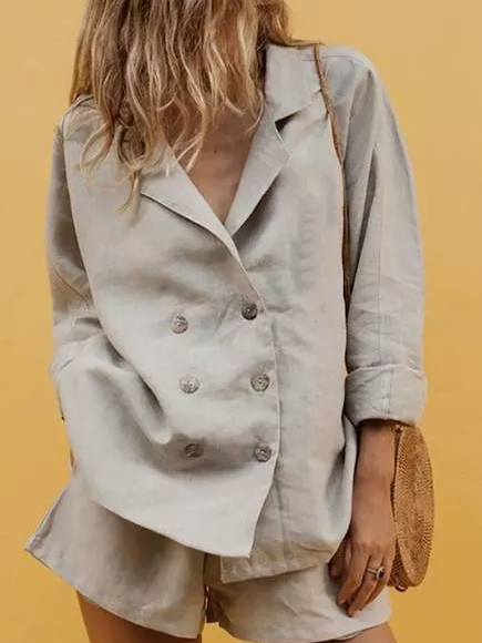 

Lapel Collar Casual Loose Plain Blazer, Khaki, Blazers