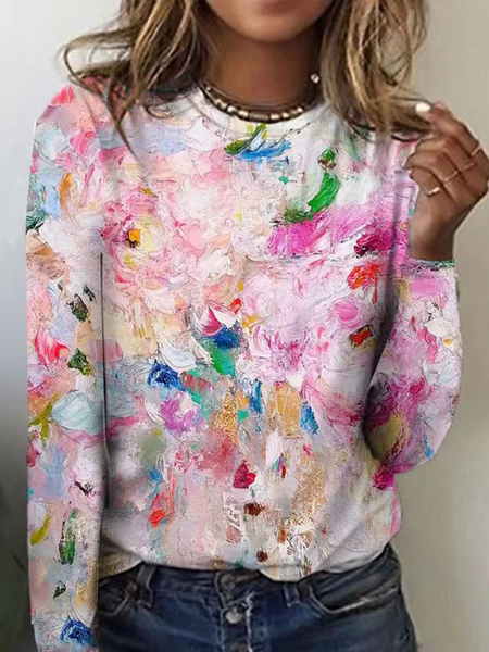 

Floral Crew Neck Casual T-Shirt, Pink, T-Shirts