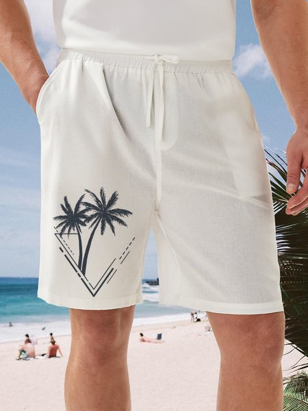 

Coconut Tree Drawstring Casual Bermuda Short, White, Men's shorts