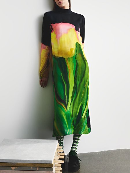 

Floral Turtleneck Urban Loose Long sleeve Dress, As picture, Maxi Dresses