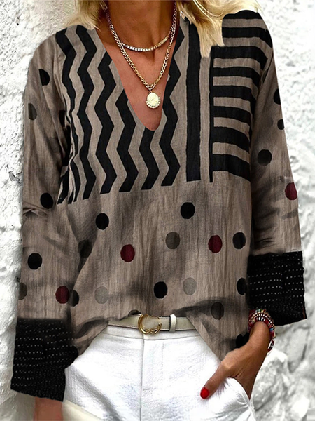 

Loose V Neck Polka Dots Casual Top, Brown, Tops