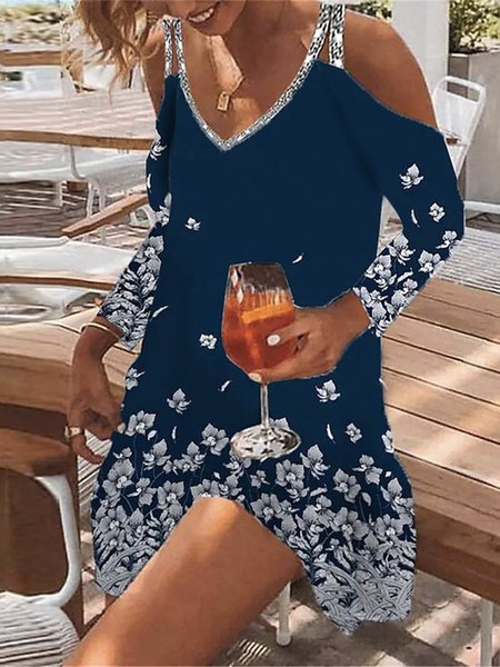 

V neck Casual Glitter Floral Dress, Dark blue, Dresses