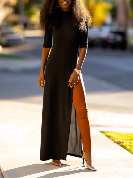 

Half sleeve Regular Fit Urban Turtleneck Top, Black, Linen Tops