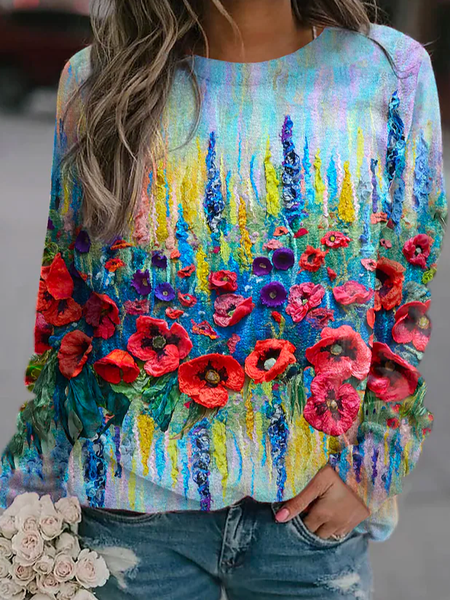 

Floral Casual Crew Neck Loose Top, Multicolor, Shirts & Blouses