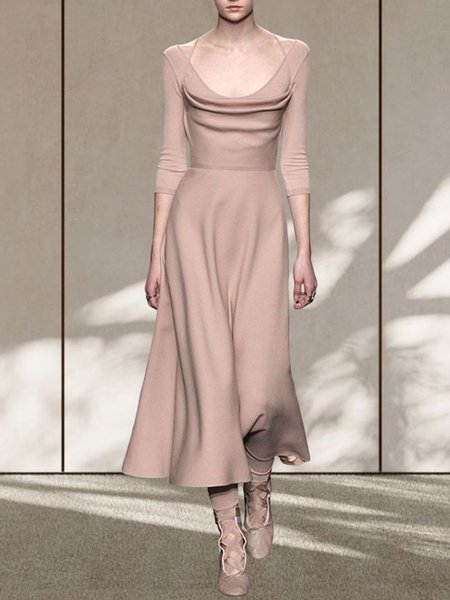 

Tight Elegant Plain Long sleeve Medium Elasticity Dress, Apricot, Midi Dresses