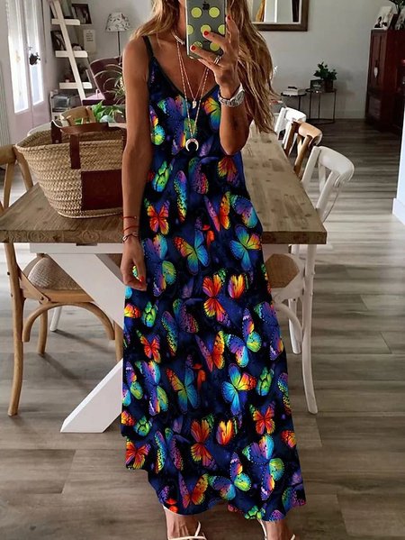

Casual Loose V Neck Butterfly Dress, Multicolor, Dresses