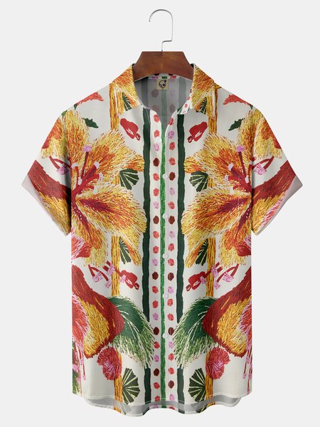 

Art Flowers Chest Pocket Short Sleeve Funky Shirt, White, Men Shirts