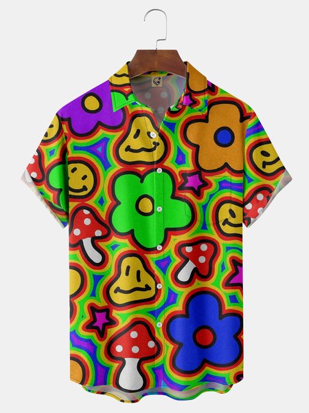 

Hippies Mushroom Chest Pocket Short Sleeve Funky Shirt, Green, Men Shirts