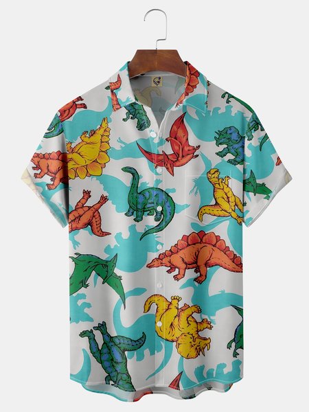 

Animal Dinosaur Chest Pocket Short Sleeve Hawaiian Shirt, White-green, Men Shirts