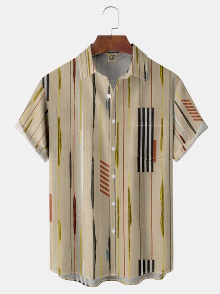 

Stripe Chest Pocket Short Sleeve Casual Shirt, Khaki, Men Shirts
