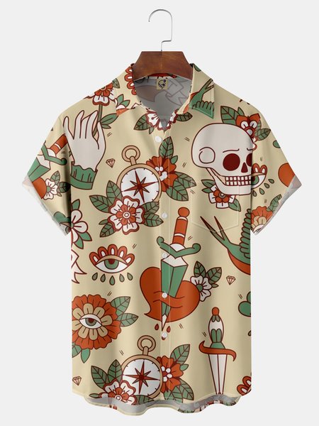 

Vegetal Skull Chest Pocket Short Sleeve Shirt, Khaki, Men Shirts