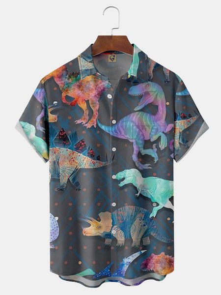 

Dinosaur Chest Pocket Short Sleeve Hawaiian Shirt, Blue, Men Shirts