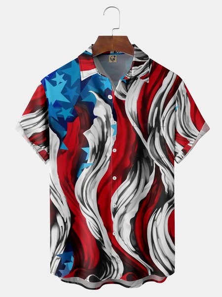 

American Flag Chest Pocket Short Sleeve Casual Shirt, Red, Men Shirts