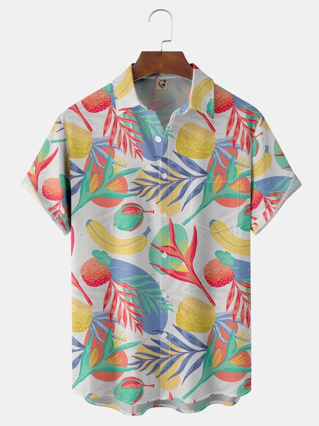 

Fruit Plant Chest Pocket Short Sleeve Hawaiian Shirt, White-gray, Men Shirts