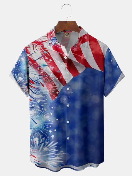 

American Flag Chest Pocket Short Sleeve Casual Shirt, Blue, Men Shirts