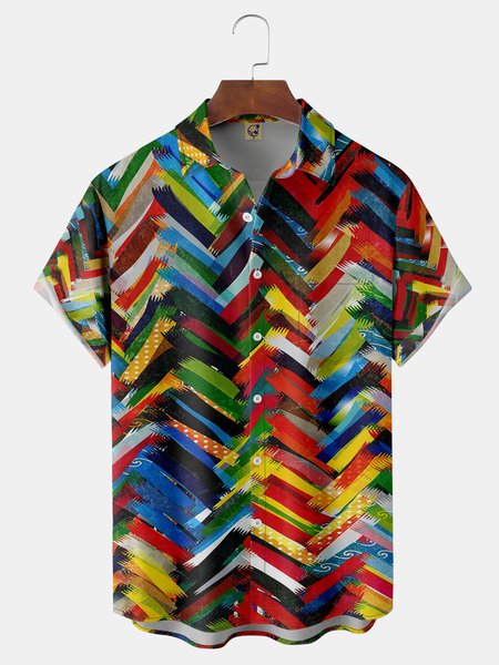 Striped Chest Pocket Short Sleeve Casual Shirt, Red, Men Shirts