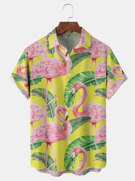 

Flamingo Chest Pocket Short Sleeve Hawaiian Shirt, Yellow, Men Shirts