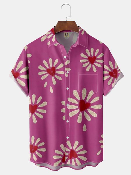 

Pitaya Art Heart Chest Pocket Short Sleeve Funky Shirt, Pink, Men Shirts