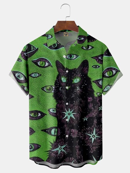 

Black Cat Eyes Chest Pocket Short Sleeve Funky Shirt, Green, Men Shirts
