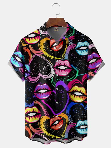 

Lips Chest Pocket Short Sleeve Funky Shirt, Black, Men Shirts