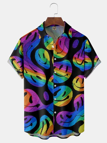 

Face Chest Pocket Short Sleeve Funky Shirt, Black, Men Shirts